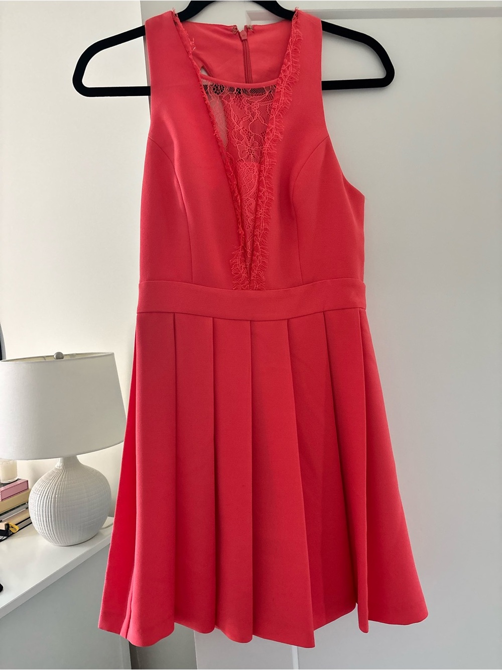 BCBGeneration Coral Lace-Front Pleated Mini Dress